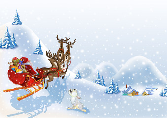 Christmas background with Santa Claus in a sleigh with reindeer