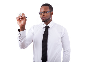 African american business man  writing something on glass board
