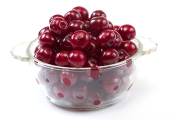 Bowl with ripe cherries. Isolated on a white background.