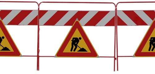 Line of "man at work" signs on white