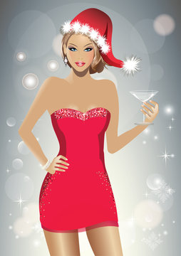 Beautiful  Woman Wearing Santa Hat,Holding a Martini