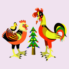 Family of hens and fur-tree.