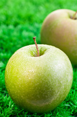 Green apple close up with apple at background