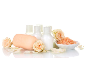 Hotel amenities kit on white background