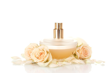 Women's perfume in beautiful bottle on white background