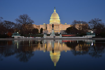 Capitol building with pool reflection at night,  Washington DC