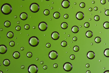 Water drops over green background