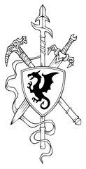 Coat of arms: spear, sword and hammer, vector
