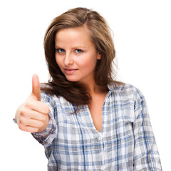 Woman showing OK sign isolated on white background