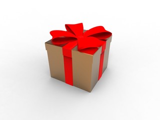 gift wrapped in a box.gold with a red satin ribbon