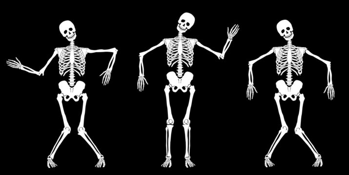 Dancing skeletons on black. Set #1. Vector.