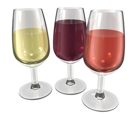 3 verres de vin blanc rosé rouge