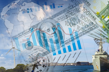 Financial charts with lighthouse on the background