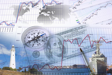 Fototapeta na wymiar Financial charts with lighthouse on the background
