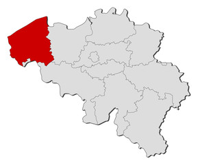 Fototapeta na wymiar Map of Belgium, West Flanders highlighted