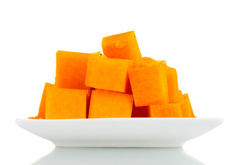 sliced pumpkin on plate isolated on white