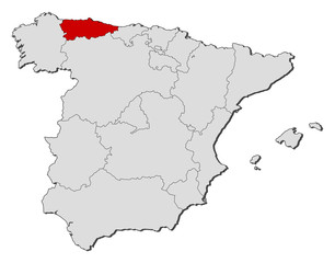 Fototapeta na wymiar Mapa Hiszpanii, Asturia podświetlone