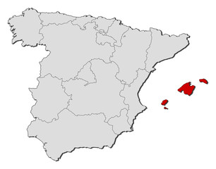 Map of Spain, Balearic Islands highlighted
