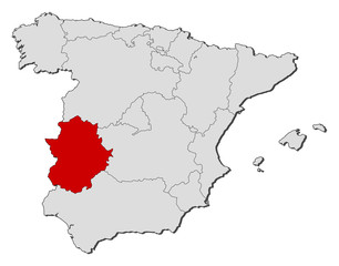 Obraz na płótnie Canvas Map of Spain, Extremadura highlighted