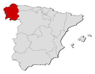 Fototapeta na wymiar Map of Spain, Galicia highlighted