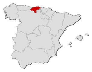 Plakat Map of Spain, Cantabria highlighted