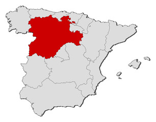 Fototapeta na wymiar Mapa Hiszpanii, Kastylia i León podświetlony