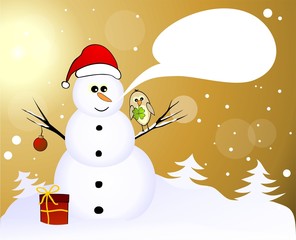 Snowman with lucky birds and gift