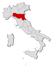 Map of Italy, Emilia-Romagna highlighted