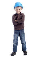 cute little boy  with protection helmet , arms crossed,