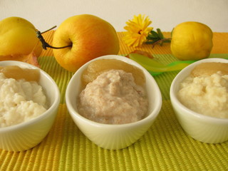 Schälchen mit Hirsebrei, Reisbrei und Dinkelbrei für Babys