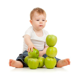 Adorable child with green apples