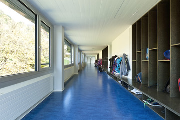 modern public school, corridor blue floor