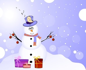 Snowman with singing bird and gifts