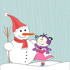 Christmas winter snowman and little girl
