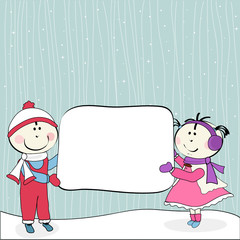 little girl, boy and billboard