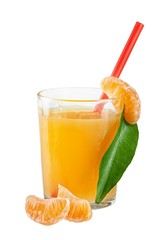Tangerines and juice glass isolated on white background
