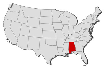 Fototapeta premium Map of the United States, Alabama highlighted