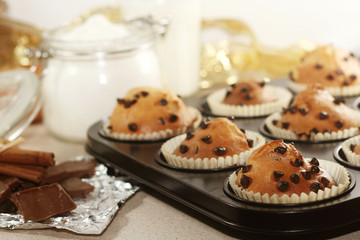 Chocolate chip muffins fresh from the oven