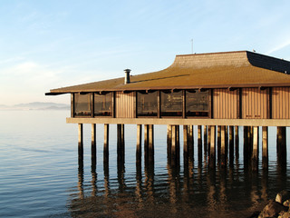 restaurant on stilts at low tide bay