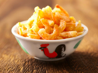close up of a bowl of dried shrimps