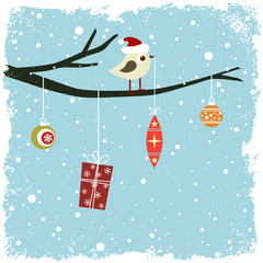Winter card with bird, gift box and glass balls