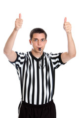 Teen basketball referee giving sign for jump ball