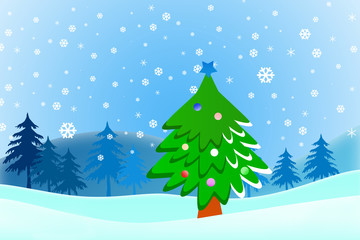 Fototapeta na wymiar Cartoon Christmas tree on snow blue background