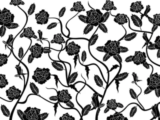 Foto op Plexiglas Zwart wit bloemen roos naadloze patroon achtergrond