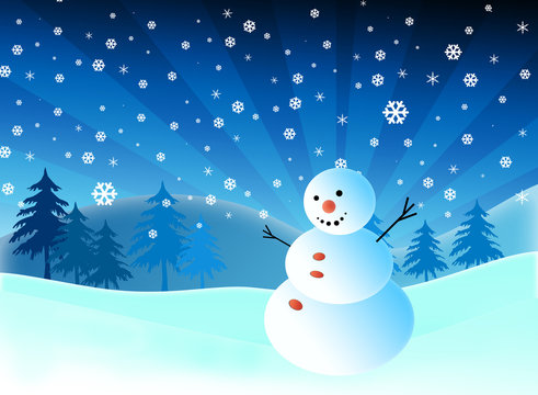 Cartoon snowman on snow blue background