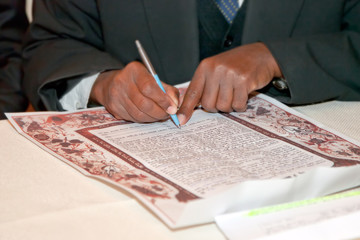 Jewish wedding, signing prenuptial agreement  ketubah