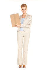 attractive businesswoman with cardboard box