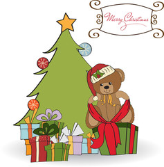 cute teddy bear with a big Christmas gift box