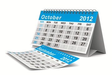 2012 year calendar. October. Isolated 3D image