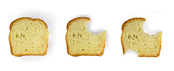 Three slices of bread: whole; bitten; bitten with 2 sides. isola